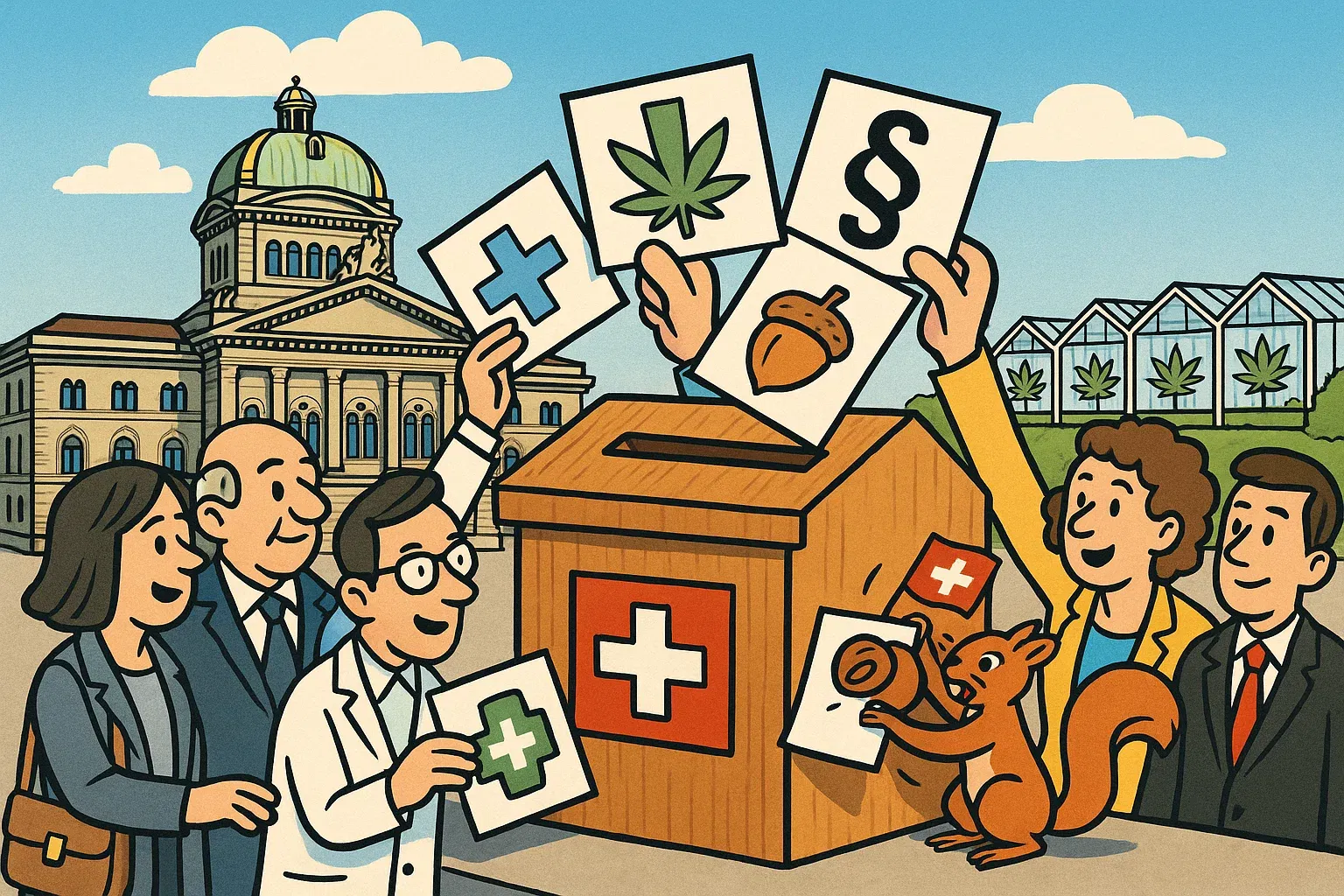 Symbolbild: Die Schweizer Flagge auf einem Blatt Papier, das neue Cannabis-Regeln zeigt.