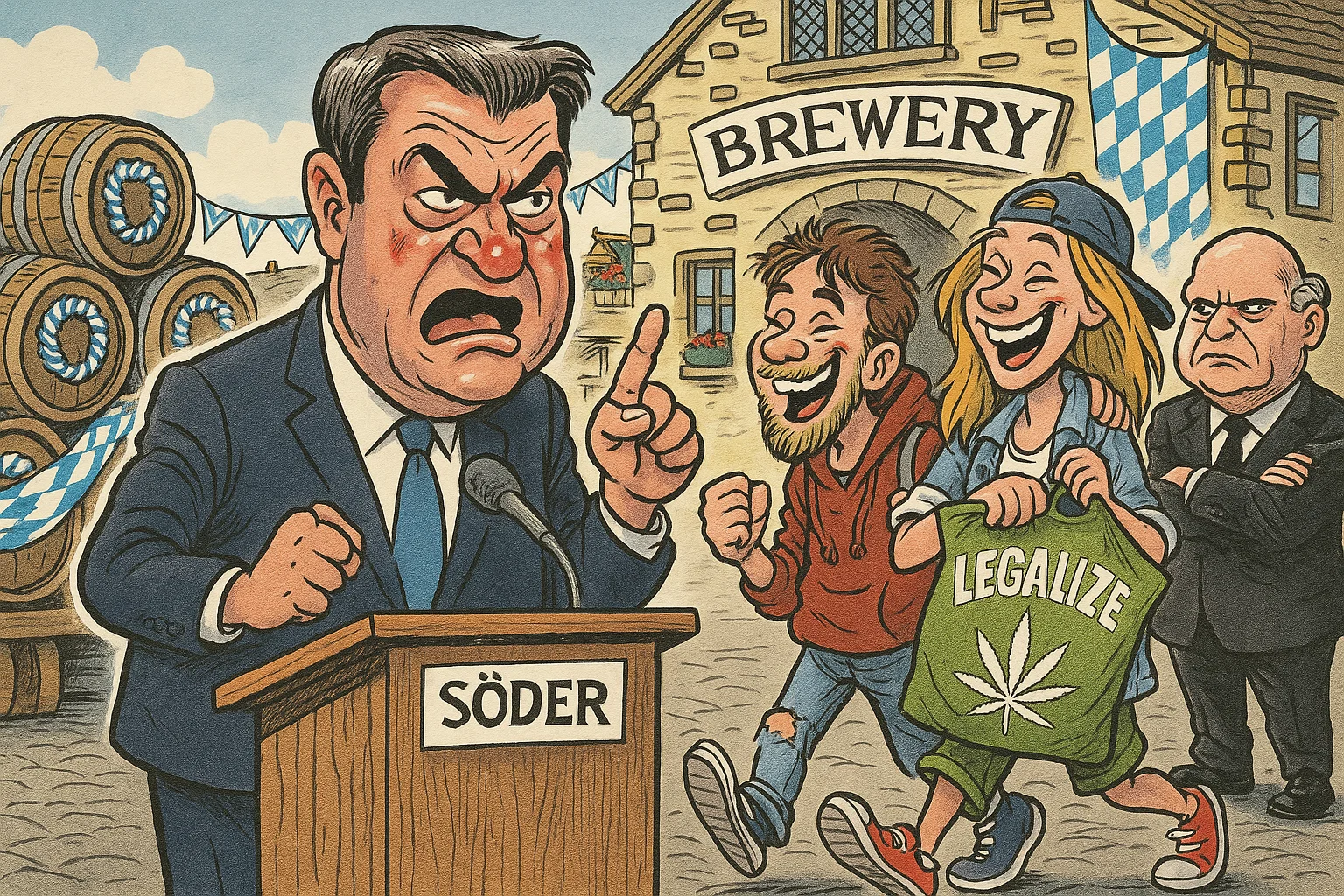 Symbolbild: Ein wütender Markus Söder in einer Brauerei als Metapher für den politischen Widerstand gegen die Cannabis-Liberalisierung