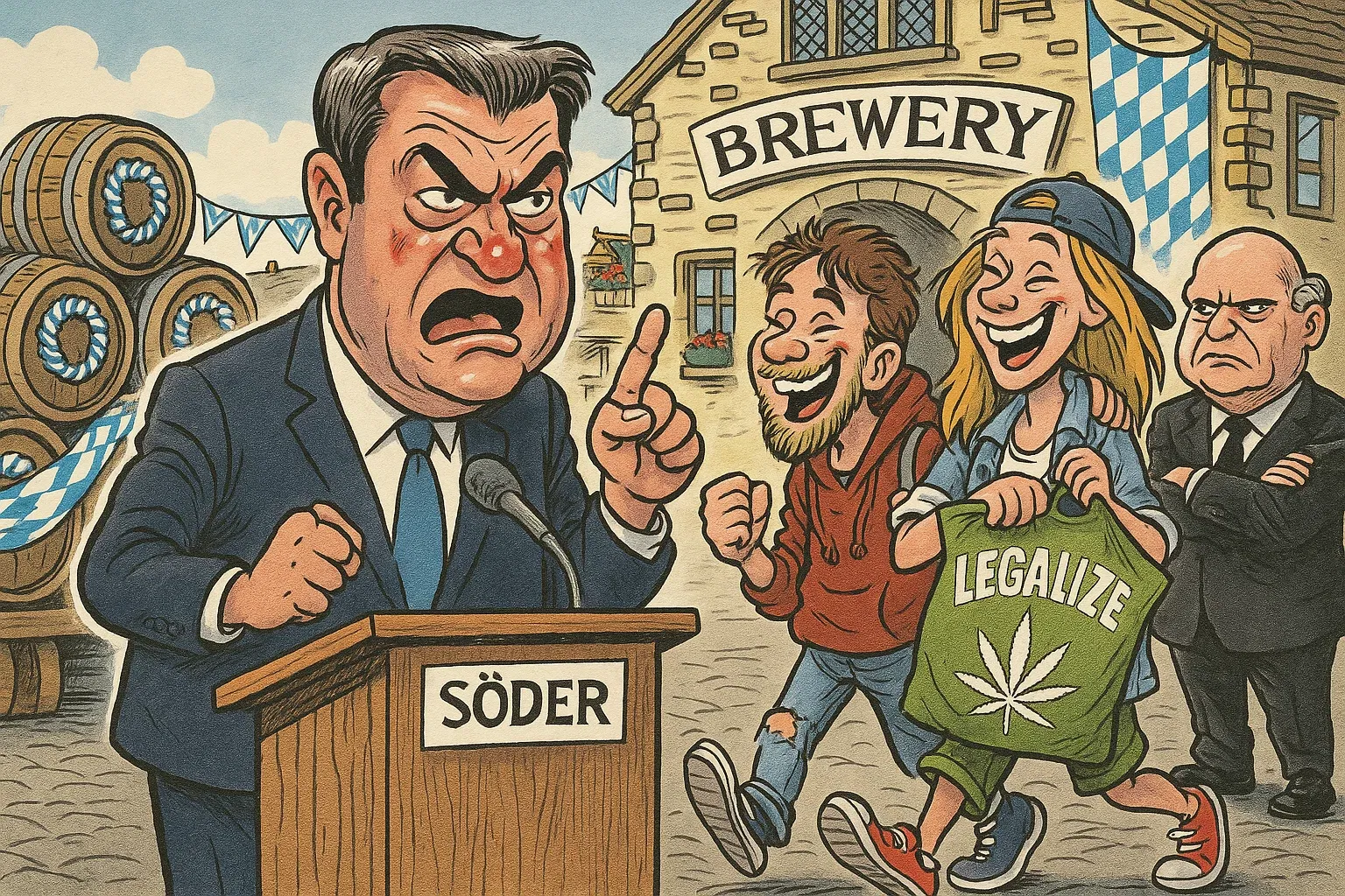 Widerstand gegen den Boom: Die politische Debatte um Medizinalcannabis Symbolbild: Ein wütender Markus Söder in einer Brauerei als Metapher für den politischen Widerstand gegen die Cannabis-Liberalisierung