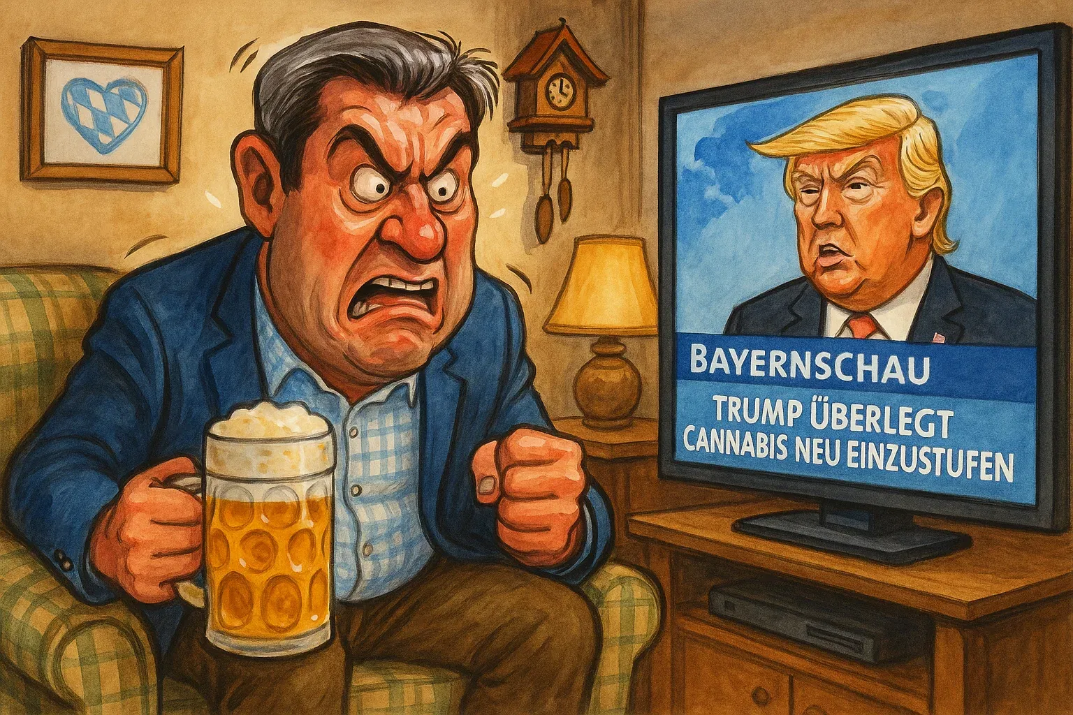 Trumps strategischer Zug: Cannabis von Schedule I nach III Karikatur: Donald Trump verschiebt Cannabis auf einem Schachbrett von Feld 'Schedule I' nach 'Schedule III', im Hintergrund jubeln Börsenkurse