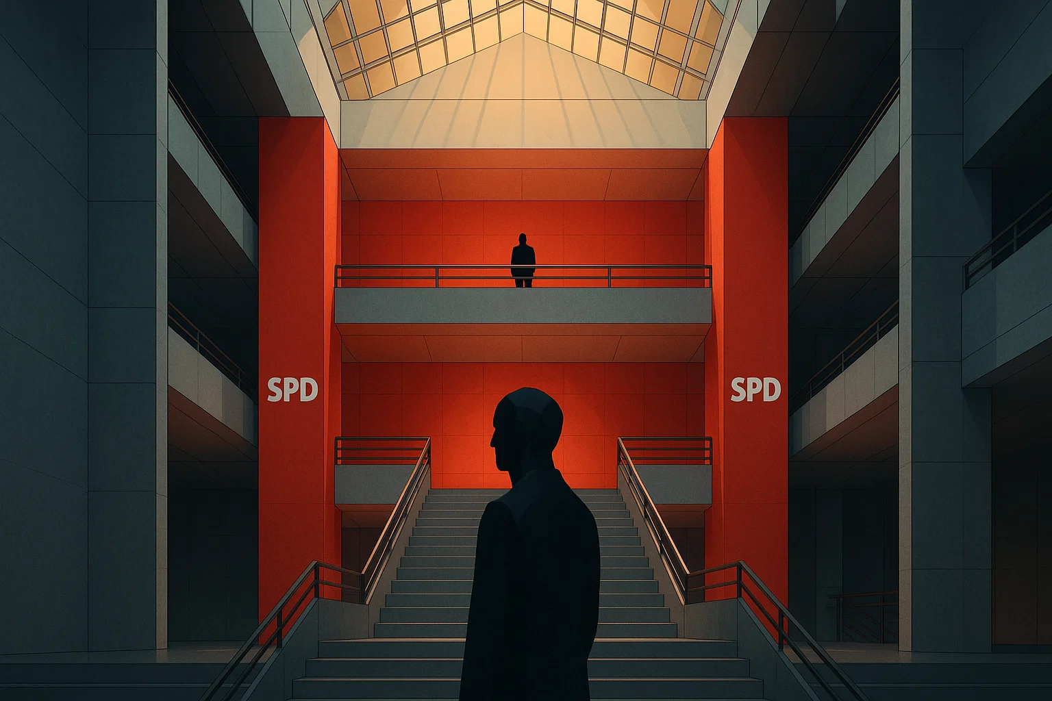 High-end Konzeptkunst: Bundestag-Plenarsaal bei Abstimmung, SPD-Abgeordnete in Nahaufnahme, rotes Licht symbolisiert Spannung.