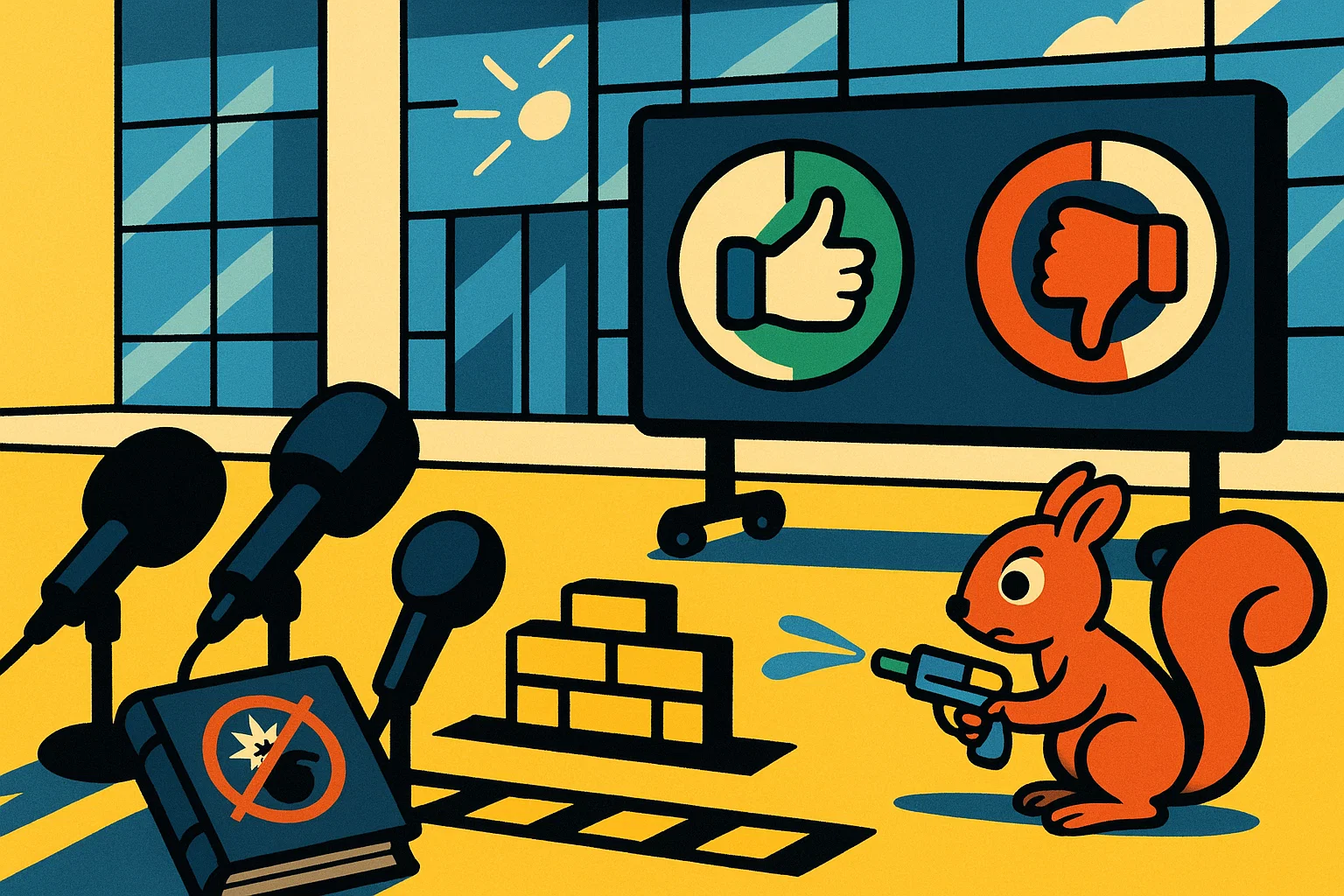 Paul-Löbe-Haus Außen: Presse-Mikrofone, mobile Abstimmungsanzeige (Daumen/Prozent-Piktos), Boden-Brandmauer-Silhouette, Gesetzesmappe mit durchgestrichenem Explosiv-Icon, Eichhörnchen testet Mauer mit Wasserpistole – Symbolik politischer Grenzverschiebung