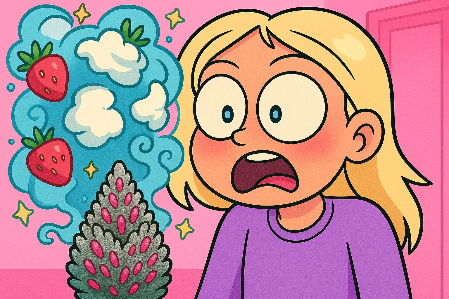 Comic: Zoe riecht für ihr ASMR-Video am Bud und ihre zynische Fassade bricht für einen Moment zusammen.
