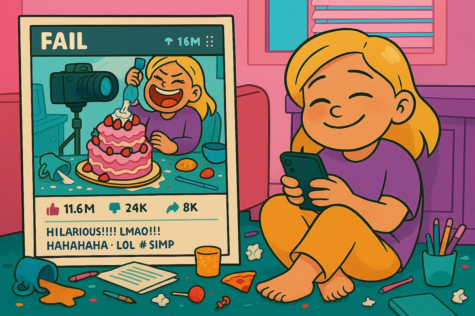 Comic: Zoe schaut auf ihr Handy und sieht, dass ihr 'Fail'-Video wegen seiner Authentizität viral geht.