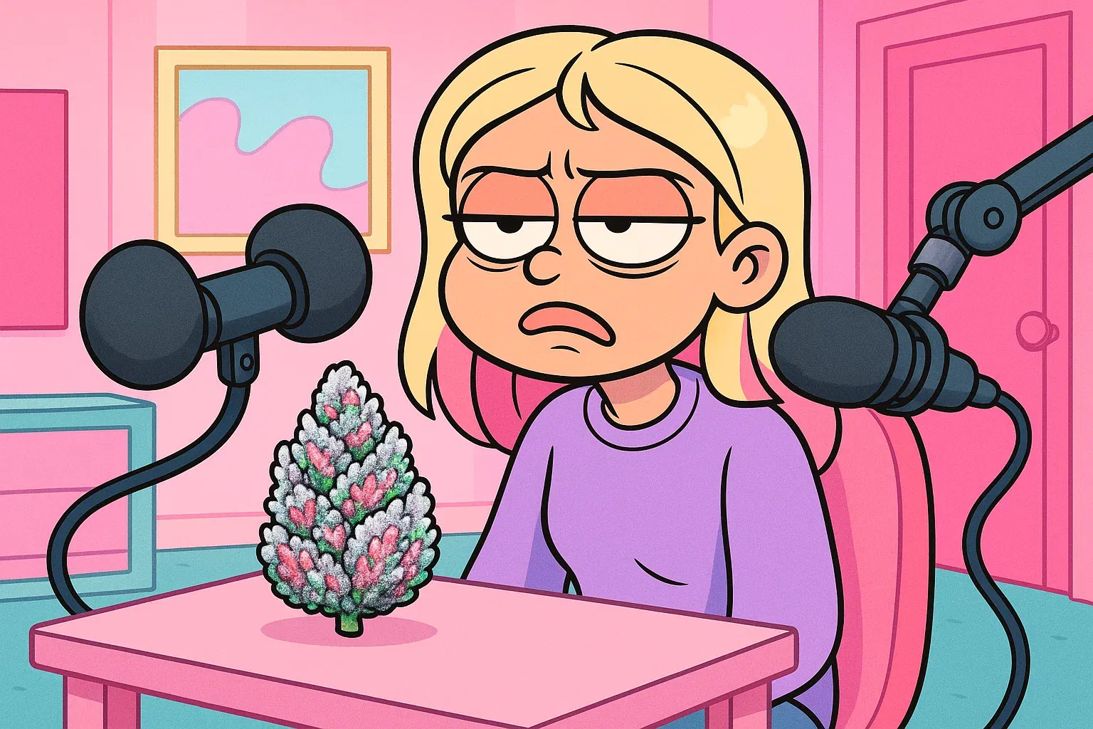 ASMR-Food-Kritikerin Zoe in ihrem Studio, wie sie einen Strawberry a la Mode Bud skeptisch beäugt.