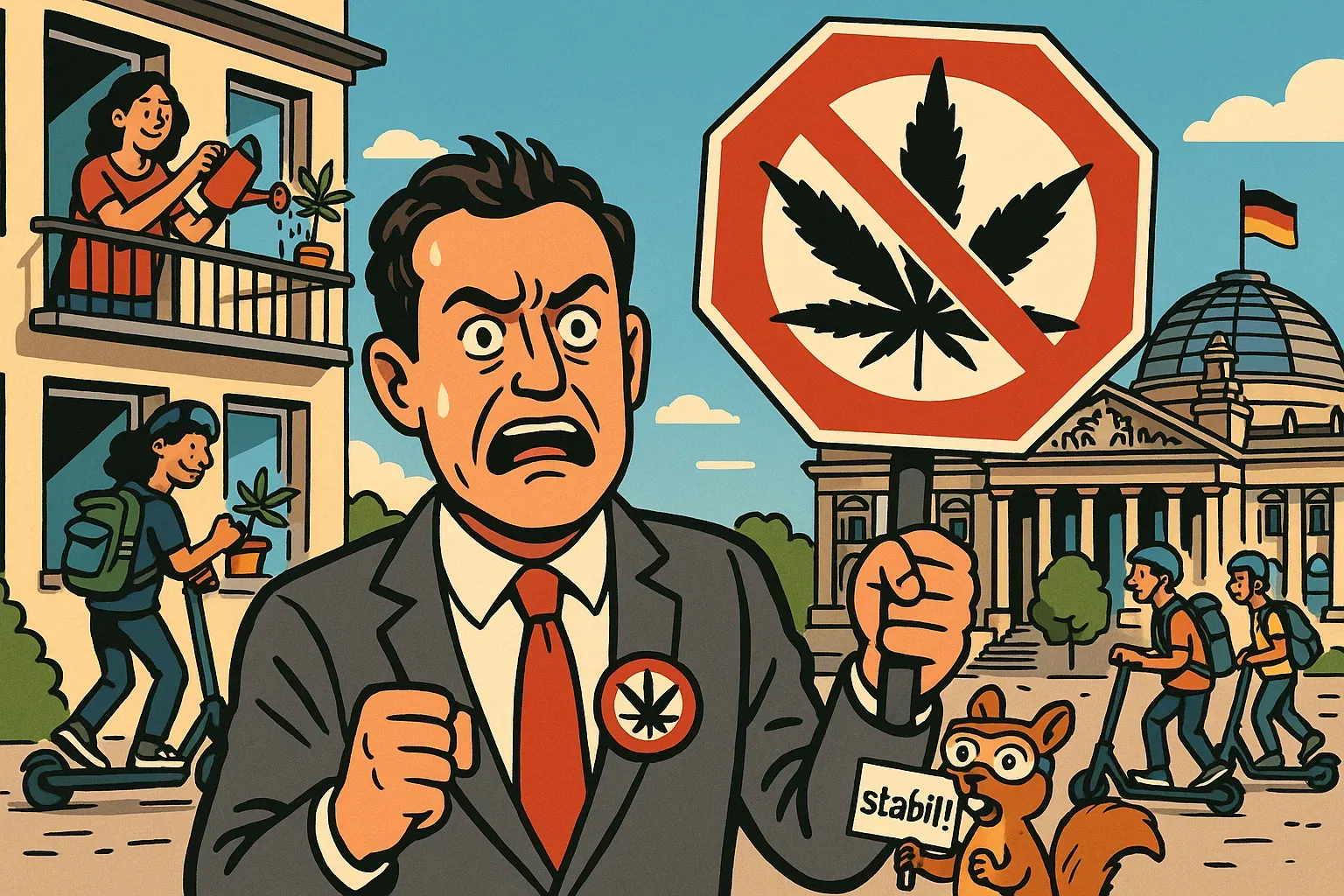 Symbolbild: Ein Mann hält ein Stoppschild vor eine Cannabis-Pflanze.