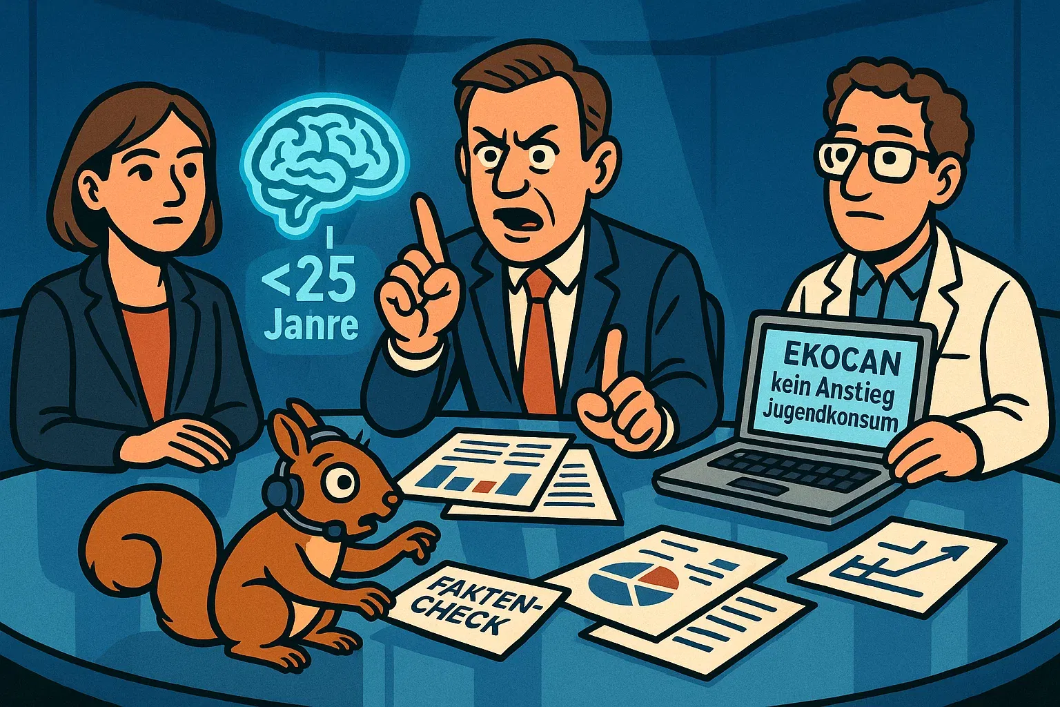 Illustration: Eine Waage – auf der einen Seite Streecks Warnungen vor Risiken, auf der anderen Seite die offiziellen Daten über rückläufigen Jugendkonsum.