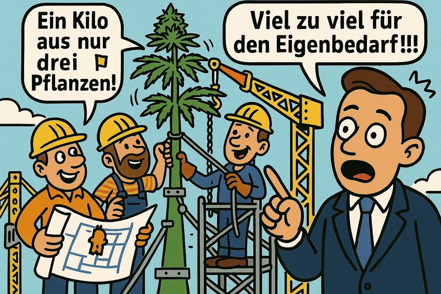 Streecks Kritik am Eigenanbau: Realitätscheck der Kilo-Ernte Karikatur zeigt Hendrik Streeck, der entsetzt auf drei riesige Cannabispflanzen blickt, die von Bauarbeitern gestützt werden, mit der Sprechblase 'Viel zu viel für den Eigenbedarf!!!'