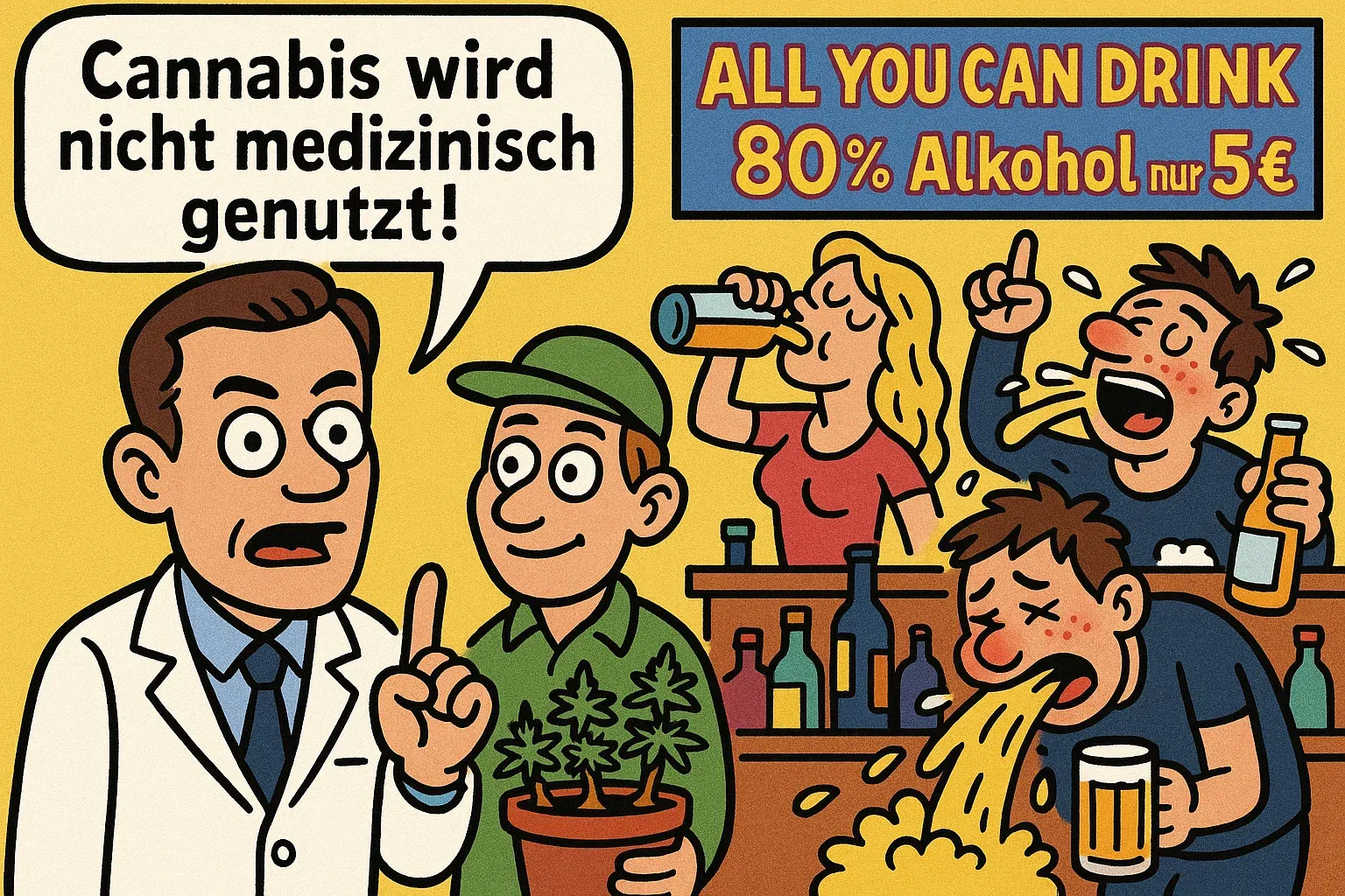 Doppelmoral-Debatte: Streecks Kritik an Medizinalcannabis im Fokus Karikatur, in der Hendrik Streeck im Arztkittel auf einen Cannabis-Patienten zeigt und sagt 'Cannabis wird nicht medizinisch genutzt!', während im Hintergrund eine exzessive Alkohol-Party stattfindet.
