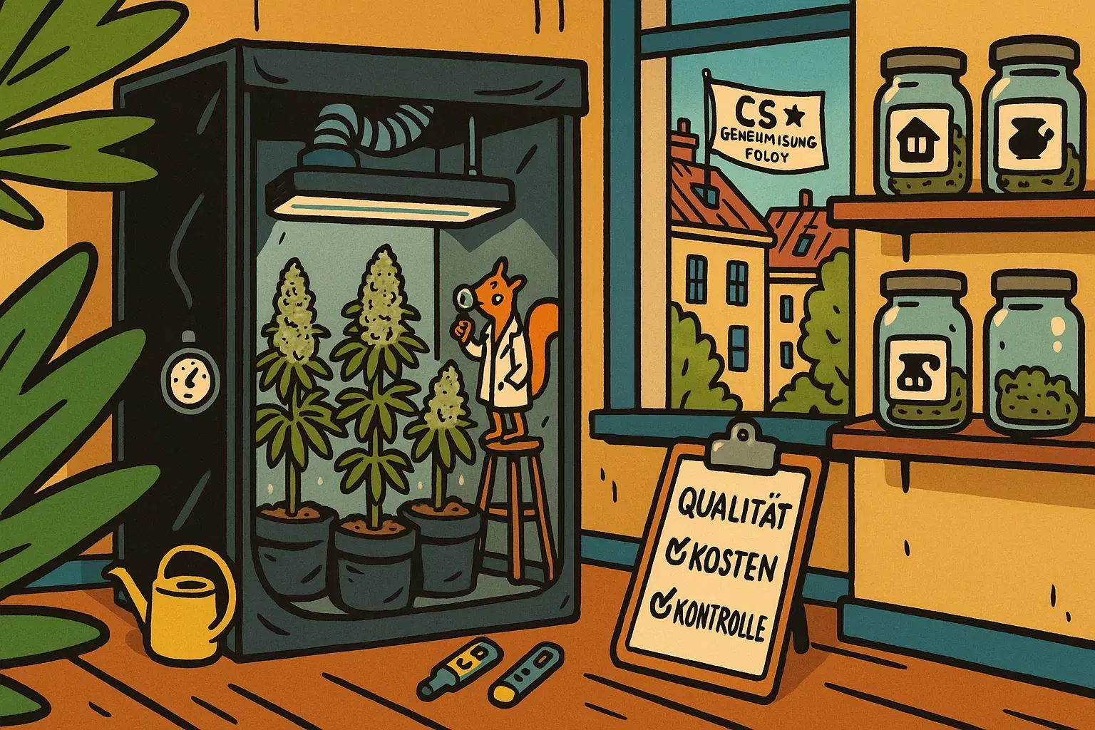 Ein glücklicher Gärtner inspiziert liebevoll seine drei blühenden Cannabis-Pflanzen im Growzelt.