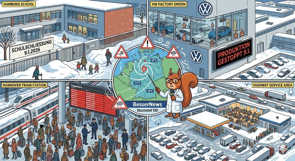 Karikatur: Split-Screen zeigt vier Szenen – Schulen geschlossen, VW-Werk gestoppt, Bahnhof im Chaos, Autobahn blockiert