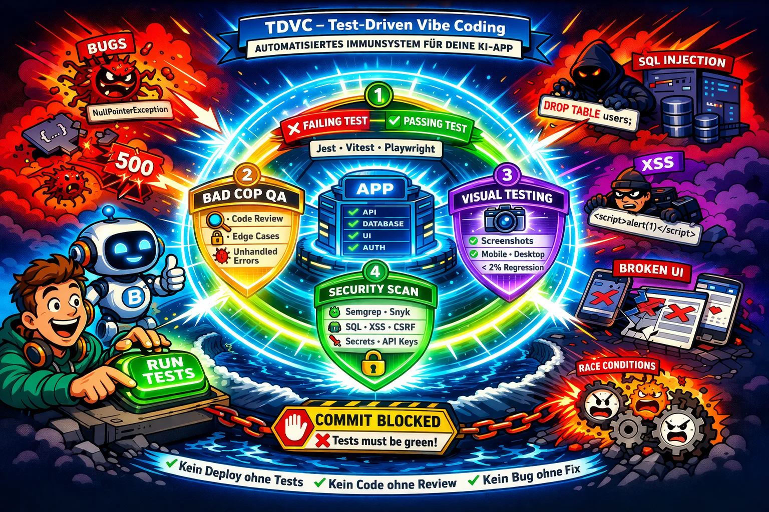 TDVC Framework Übersicht – Test-Driven Vibe Coding mit 500 Zeilen Regel, MCP, Security Checks und automatisierten Tests
