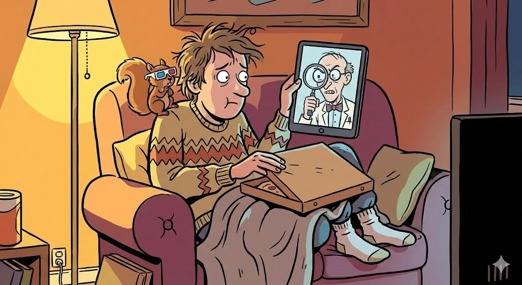 Karikatur: Ein Patient im Video-Call mit einem strengen Arzt, das Eichhörnchen schaut zu.