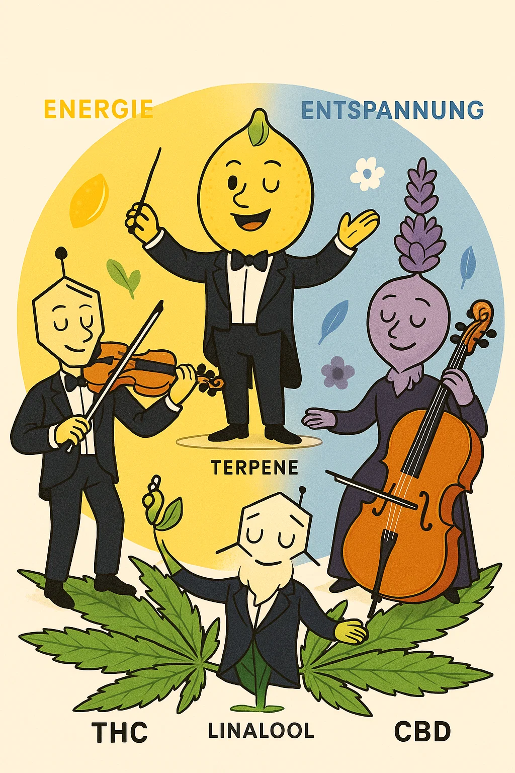 Das Terpene-Orchester: Cannabis Cannabinoide und Terpene als Musiker in einem Orchester, farbenfroh und edukativ illustriert.