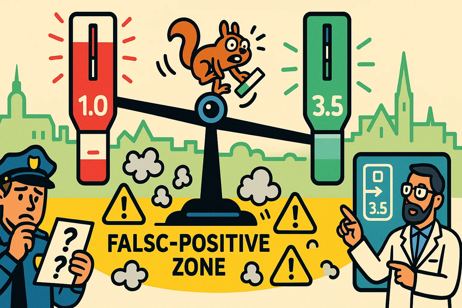 Satirische 2D-Illustration: Retro-Testgerät mit Cut-Off-Balken 1.0ng vs 3.5ng, THC-Molekül baut Nussvorrat in Zwischenzone, Eichhörnchen mit Messgerät und Polizei-Emblem hält Warnschild FALSE POSITIVE ZONE!, Comic-Stil.