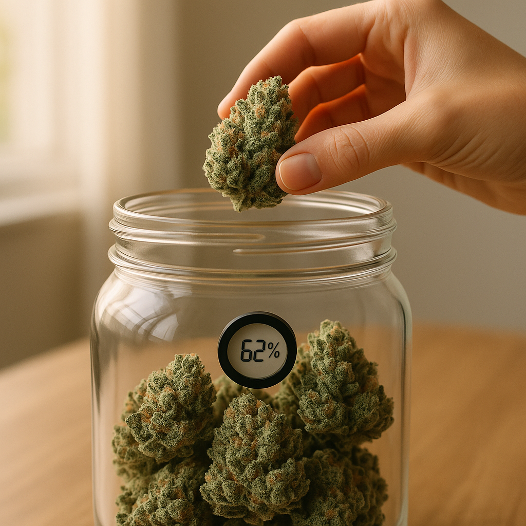Perfekt getrimmte Cannabisblüten in einem Glasbehälter zum Curen, mit einem Hygrometer, das 62% anzeigt
