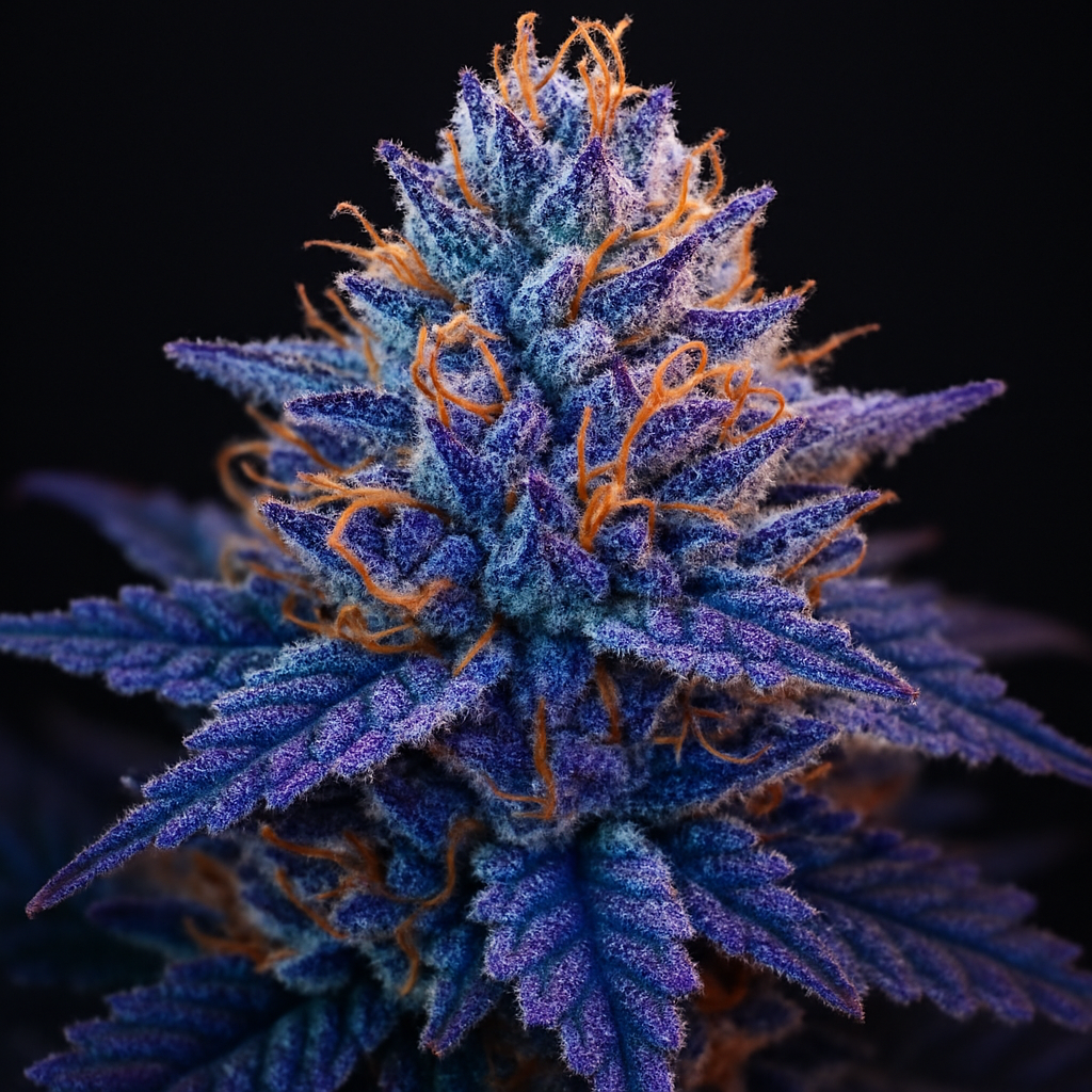 Eine Cannabisblüte mit tiefen lila Farbtönen als Ergebnis von Kältestress