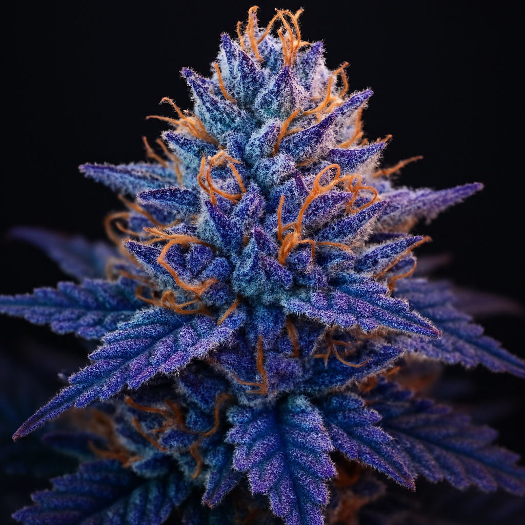 Eine Cannabisblüte mit tiefen lila Farbtönen als Ergebnis von Kältestress
