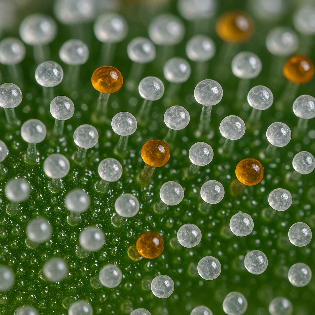 Makroaufnahme von Cannabis-Trichomen, die eine Mischung aus milchigen und bernsteinfarbenen Köpfen zeigen