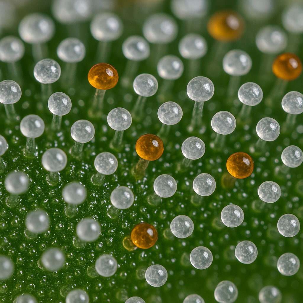 Makroaufnahme von Cannabis-Trichomen, die eine Mischung aus milchigen und bernsteinfarbenen Köpfen zeigen