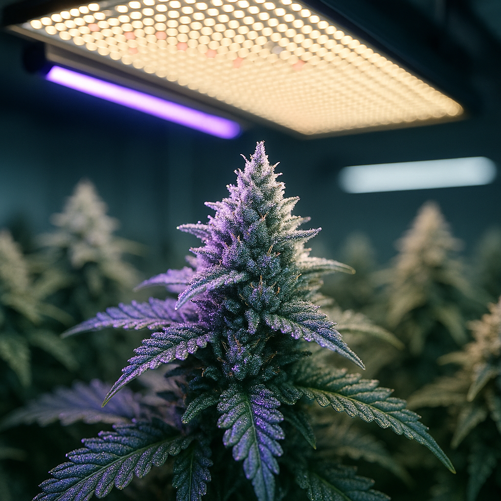 Moderne LED-Beleuchtung mit zusätzlichem UV-Licht über Cannabisblüten