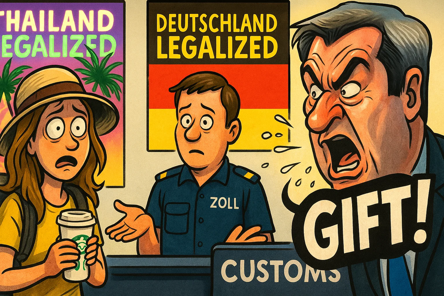 Karikatur: Ein Tourist mit Koffer voller Cannabis läuft aus einem Thai-Shop direkt in die Arme eines deutschen Zollbeamten am Flughafen