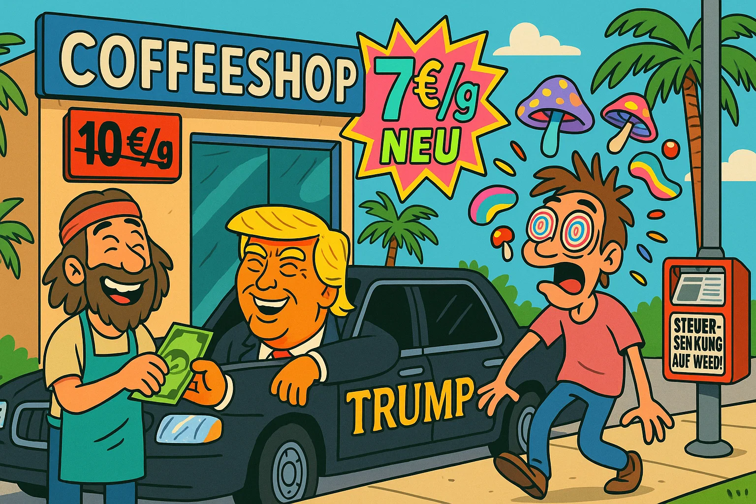 Karikatur von Uncle Sam, der überfordert auf einem Einrad balanciert und mit Cannabis, einem Geldsack und einem Pilz jongliert – Symbol für die US-Drogenpolitik.