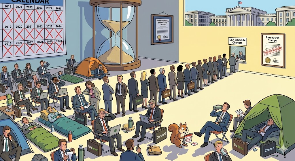 Illustration: Cannabis-Industrie wartet ungeduldig, während der bürokratische Prozess im Schneckentempo läuft