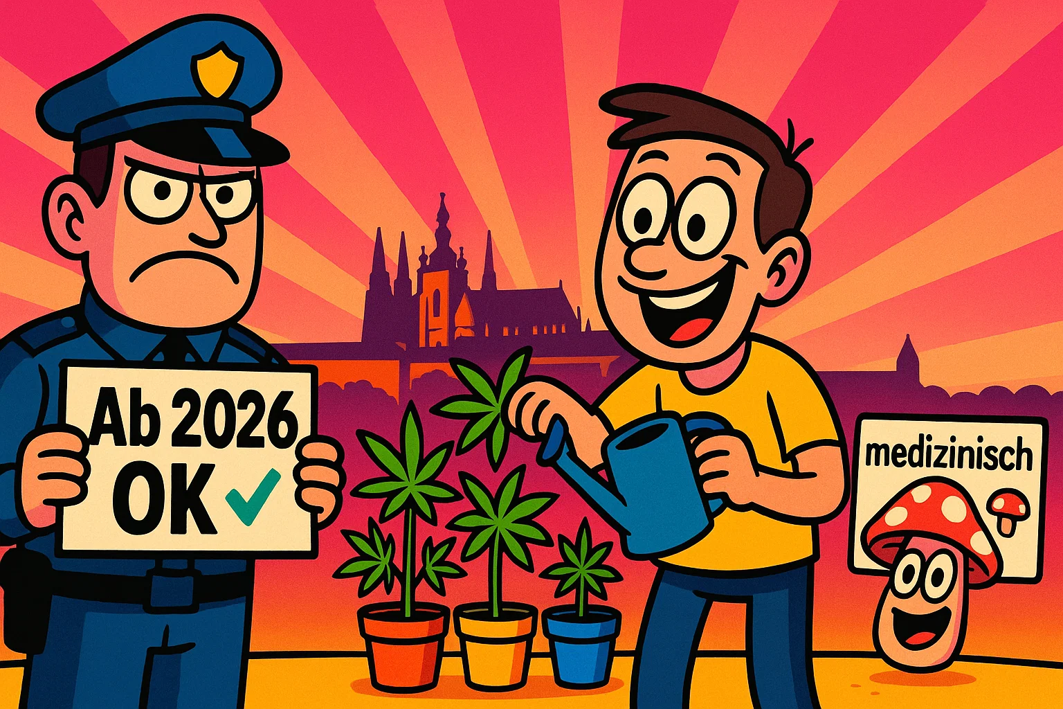 Karikatur: Prager Burg im Hintergrund, ein Polizist zeigt auf ein Schild 'ab 2026 OK', während eine Person drei Hanfpflanzen gießt; daneben ein Pilz mit 'medizinisch'‑Schild.
