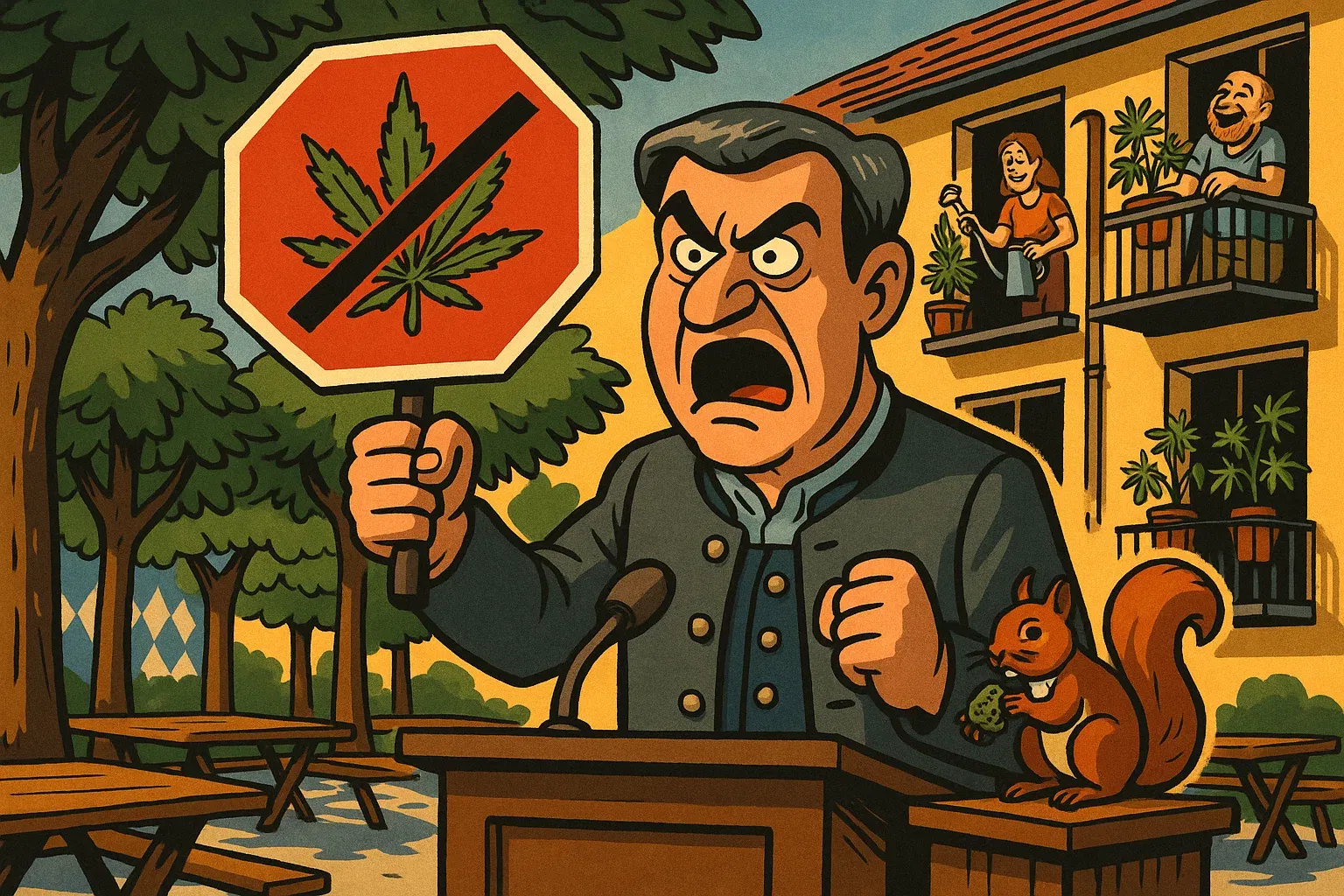 Karikatur: Markus Söder hält ein rotes Stoppschild mit Cannabisblatt; im Hintergrund Alltagsszene mit legalem Eigenanbau.