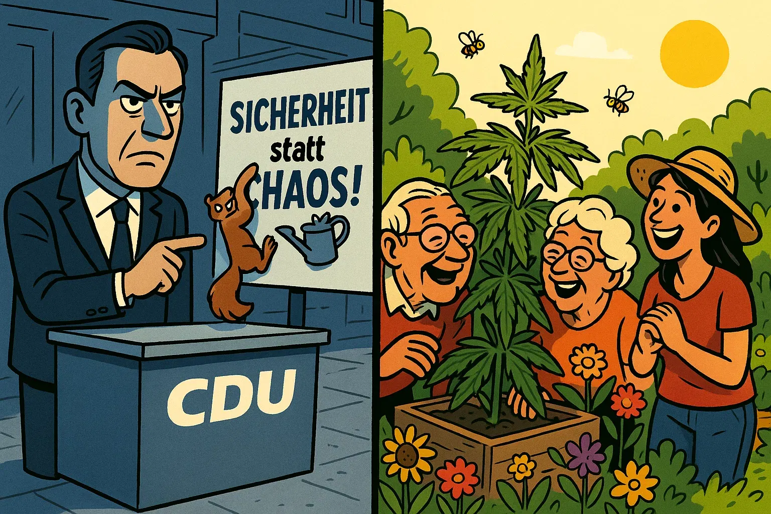 Satire: CDU‑Wahlkampfstand vs. Gemeinschaftsgarten mit friedlichem Eigenanbau.