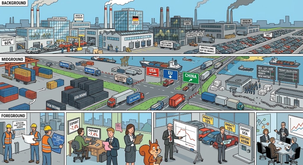 Illustration: Weitläufige Industrielandschaft zeigt die Kettenreaktion von Zöllen durch Produktion, Logistik und menschliche Arbeit.