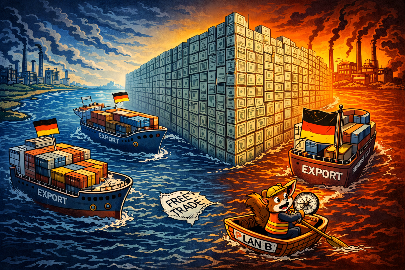 Karikatur: Container-Schiffe mit deutscher Flagge fahren gegen eine riesige Mauer aus Dollarnoten, während US-Fabriken im Hintergrund qualmen.