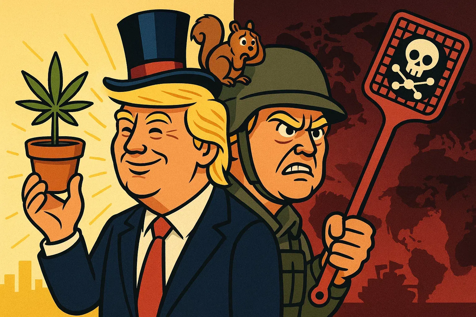 Symbolbild: Ein zweigesichtiger Uncle Sam. Eine Seite lächelt und hält ein Cannabis‑Blatt, die andere Seite trägt Taktik‑Ausrüstung und führt Krieg gegen Fentanyl.