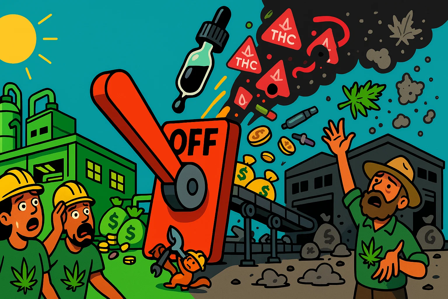 Vergleichstabelle 2018 vs 2025: Links blühende Hanf-Industrie mit Delta-8-Produkten, rechts leere Regale und geschlossene Geschäfte