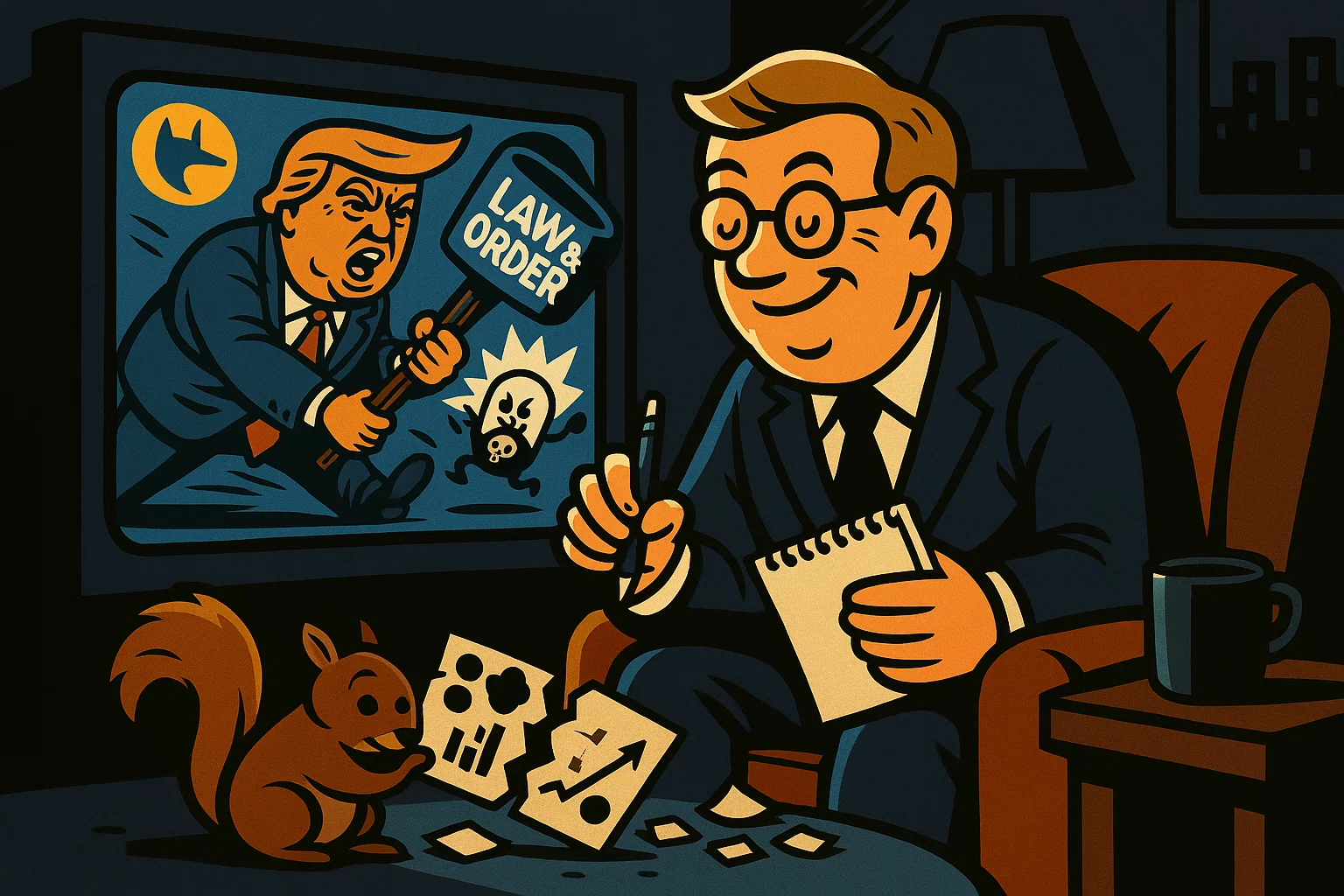 Ein CDU-Politiker (Karikatur Streeck) schaut Fox News, sieht den GOP-Elefanten und macht sich Notizen, während der deutsche EKOCAN-Bericht im Aktenvernichter landet.