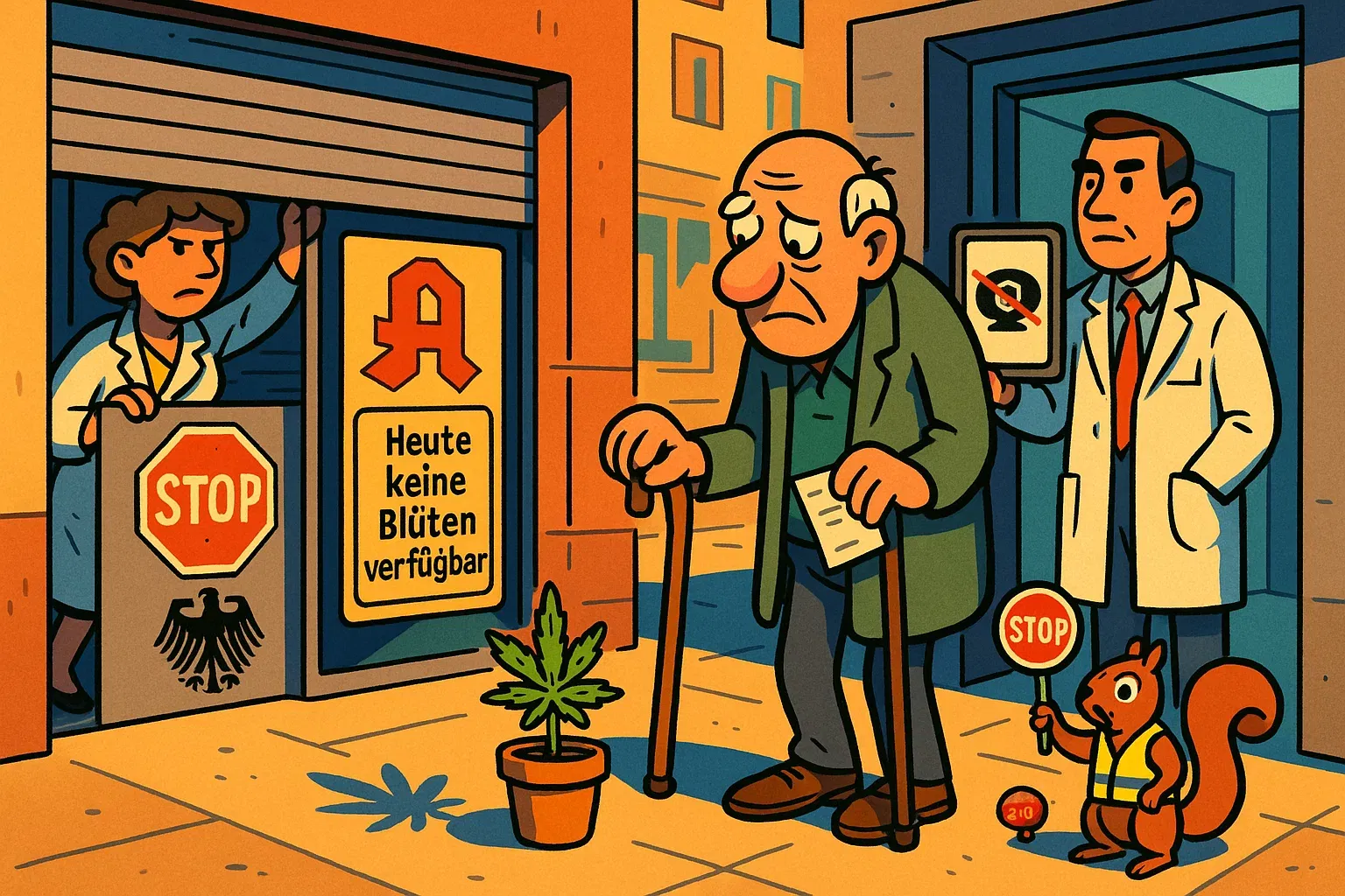 Symbolbild: Eine Gewitterwolke über Deutschland, aus der Blitze in Form von Paragraphen und Stoppschildern auf eine Cannabis-Pflanze einschlagen.