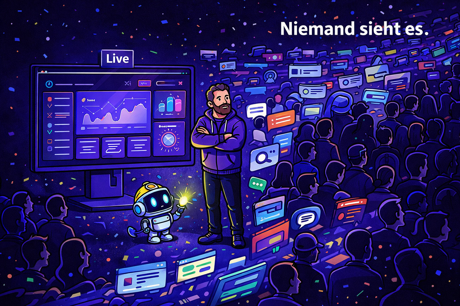 Vibe Coding 2026 – Eine fertige KI-App leuchtet auf dem Bildschirm, doch draußen läuft der gesamte Traffic vorbei