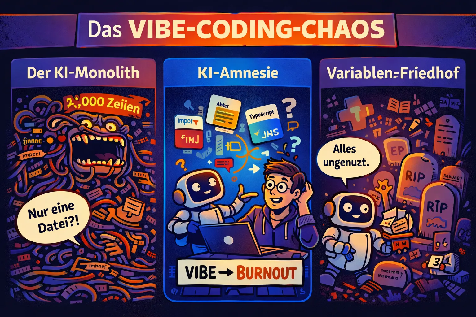 Infografik zu Vibe Coding Problemen – Monolith Code, KI Amnesie und Dead Code Friedhof