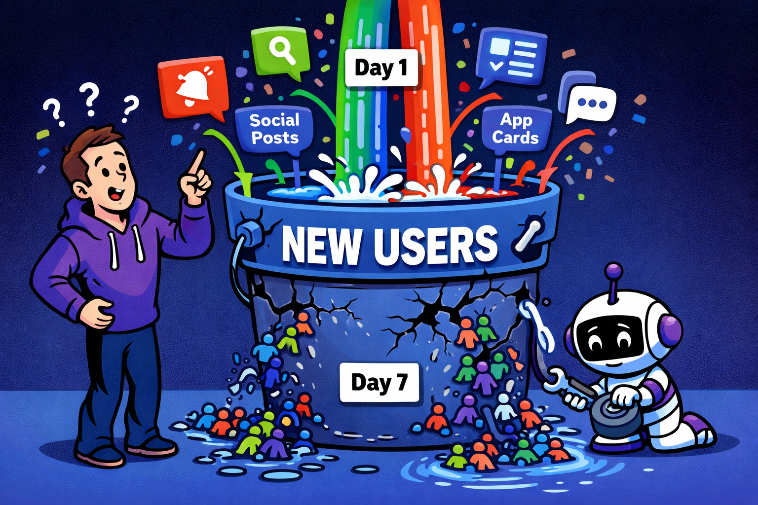 Leaky-Bucket-Problem bei KI-Apps – viele neue Nutzer kommen hinein, aber fast alle laufen in den ersten Tagen wieder heraus