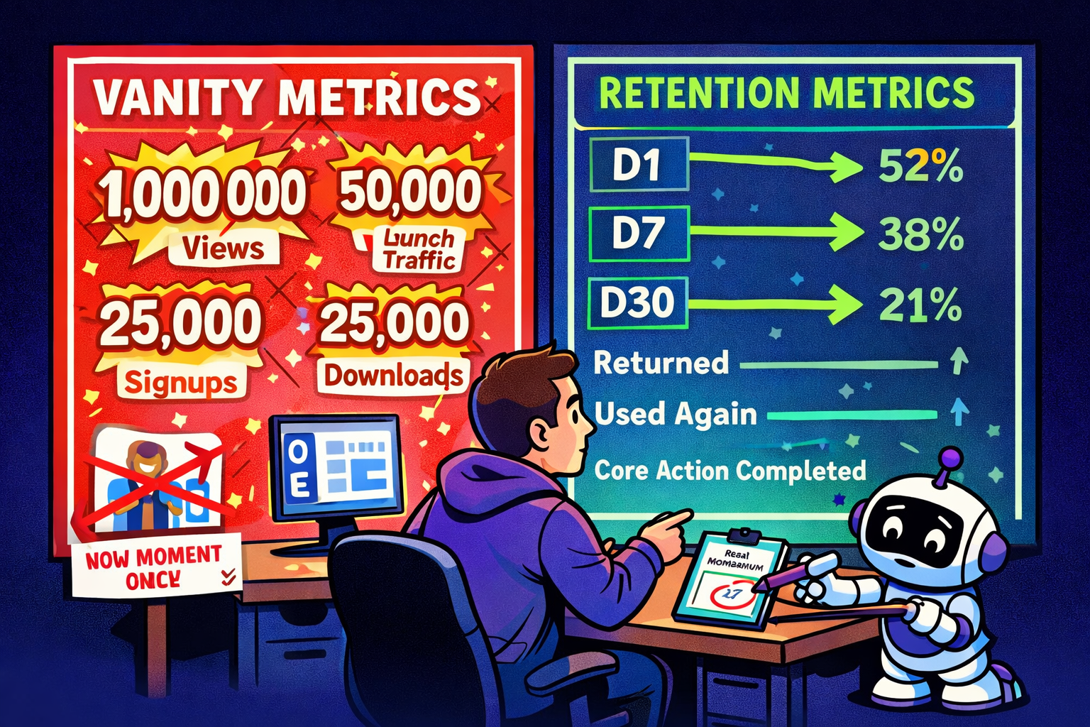 Retention-Dashboard für eine KI-App mit Fokus auf Tag-1-, Tag-7- und Tag-30-Rückkehr statt nur auf Launch-Traffic