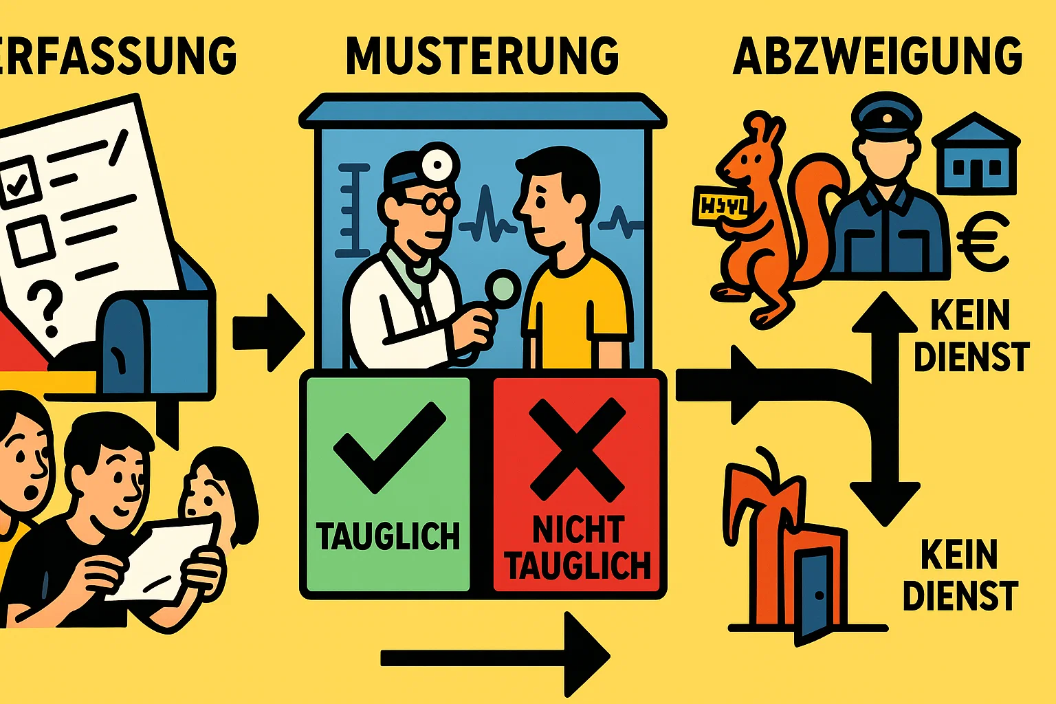 Illustration: Ablaufdiagramm der neuen Pflicht-Musterung mit freiwilligem Dienst