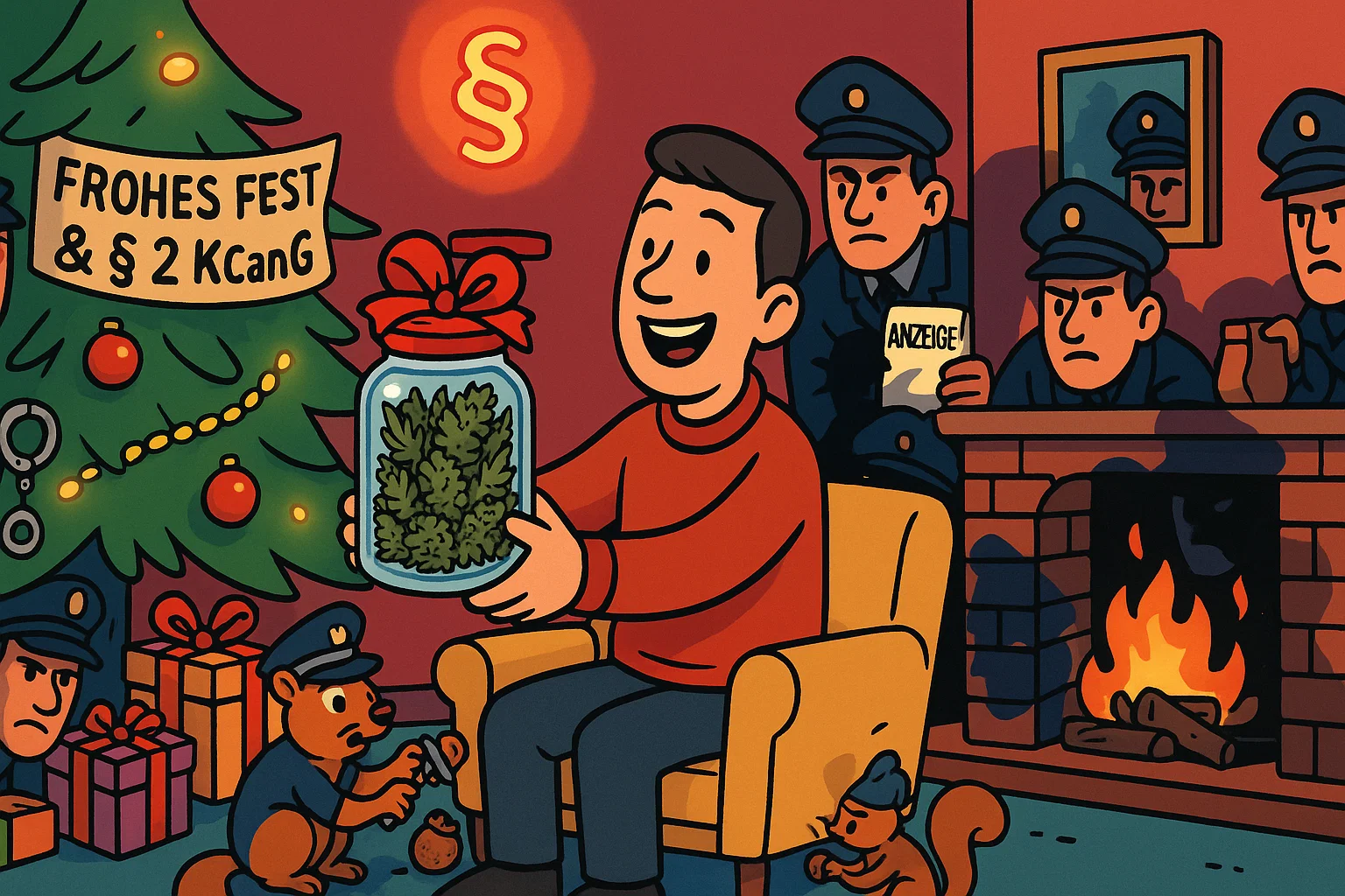 Symbolbild: Ein hübsch verpacktes Einmachglas mit Cannabisblüten unter einem Weihnachtsbaum, darüber ein rotes Warnschild '§ Straftat'.