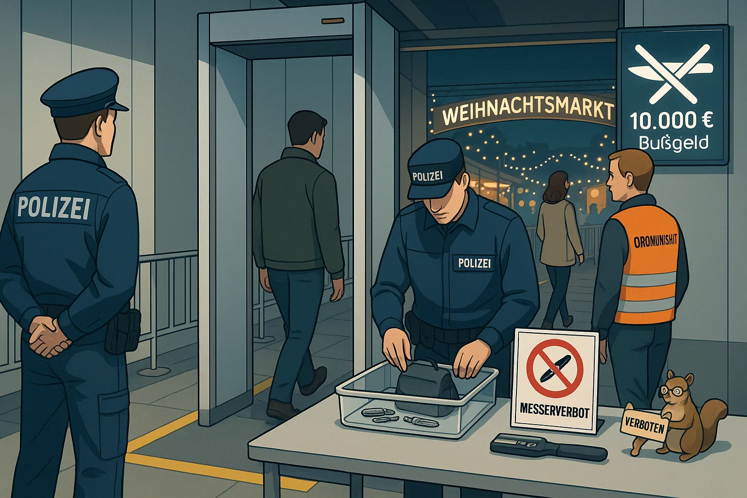 Sicherheitskontrolle am Eingang eines Weihnachtsmarktes mit Messerverbot und Metalldetektor