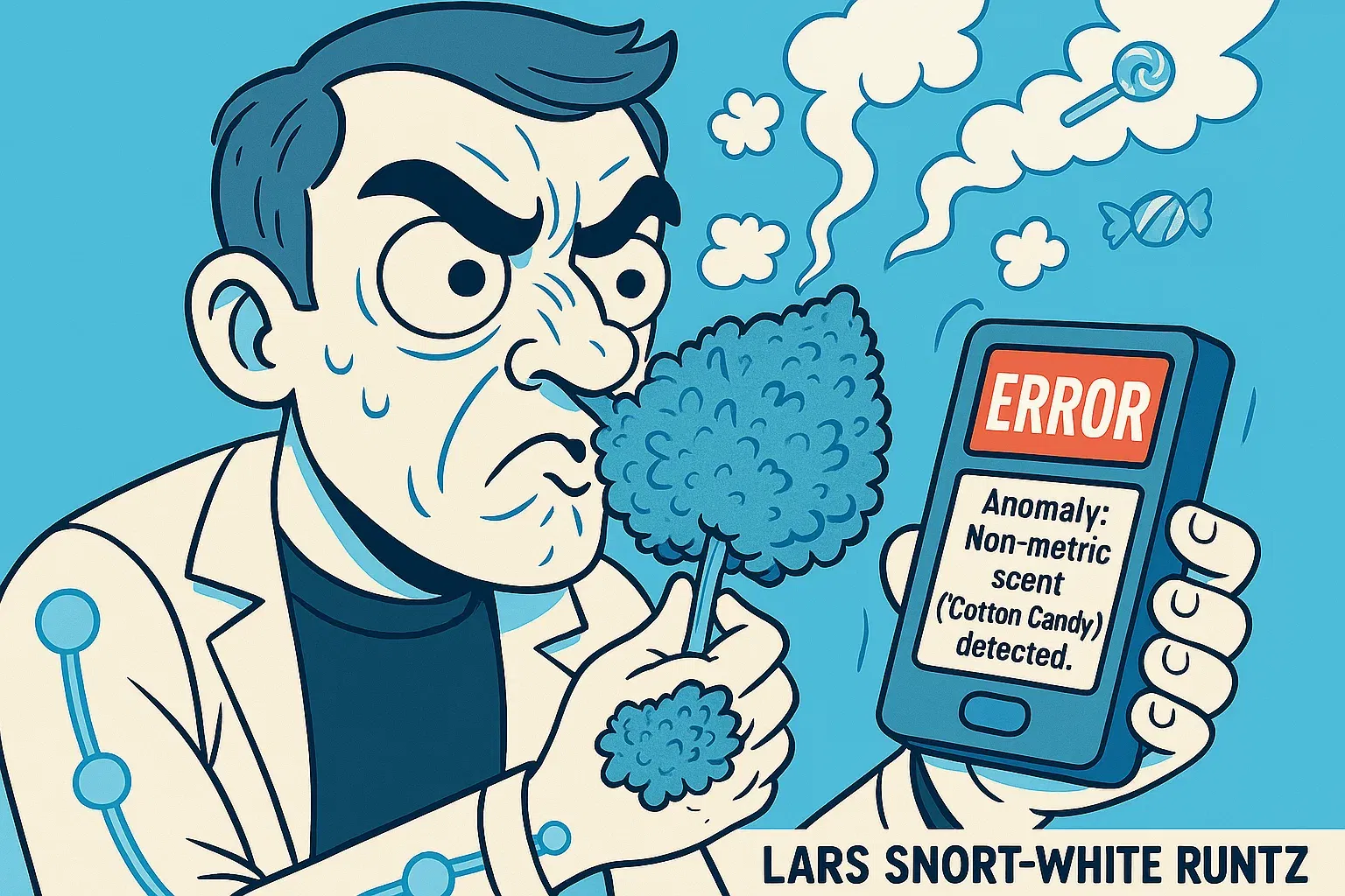 Comic: Lars' Analysegerät zeigt 'Zuckerwatte-Fehler', während er verwirrt am Bud riecht.