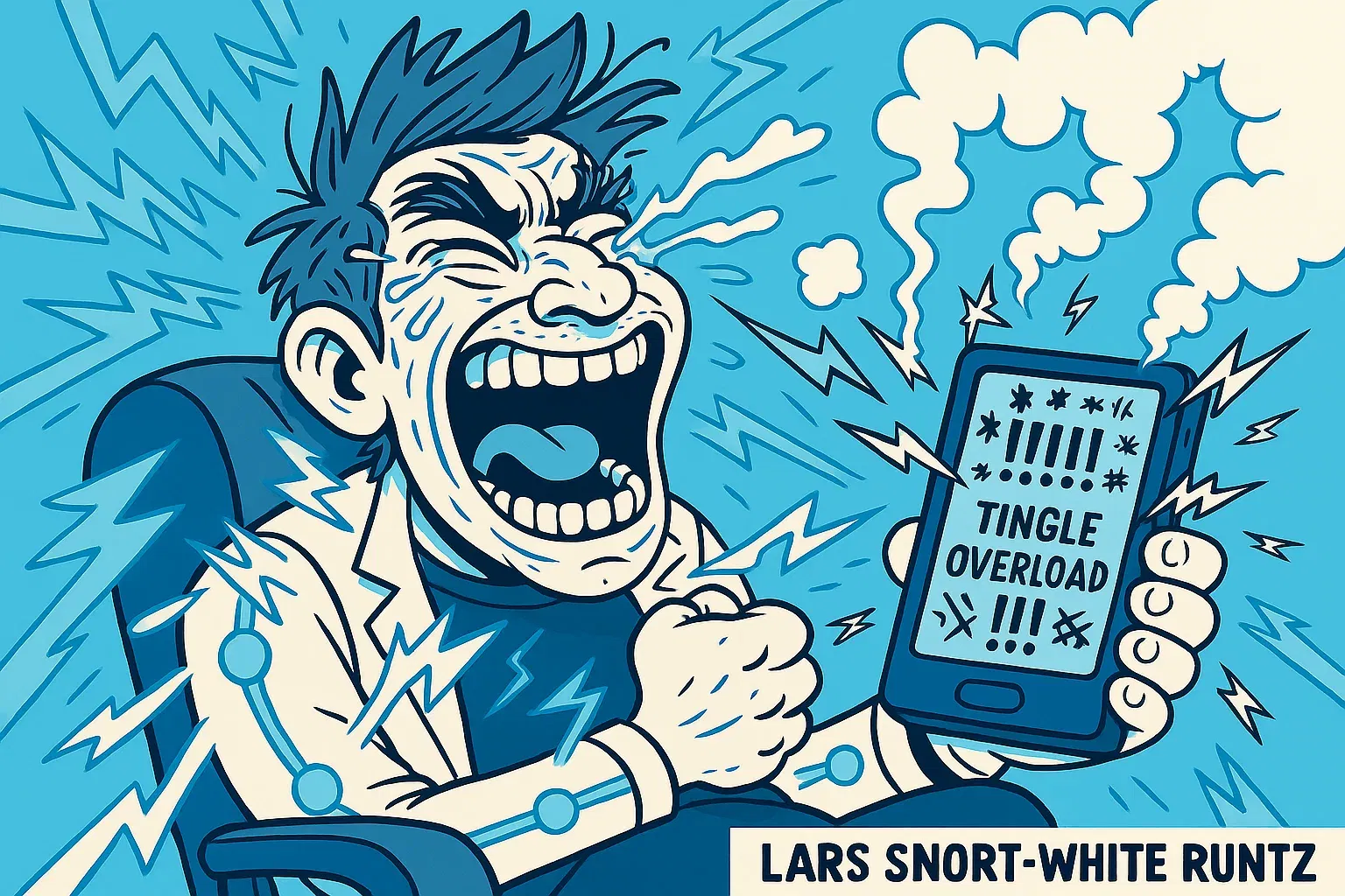 Comic: Lars wird von einem unkontrollierbaren Kribbeln und Kichern geschüttelt, seine Sensoren spielen verrückt.