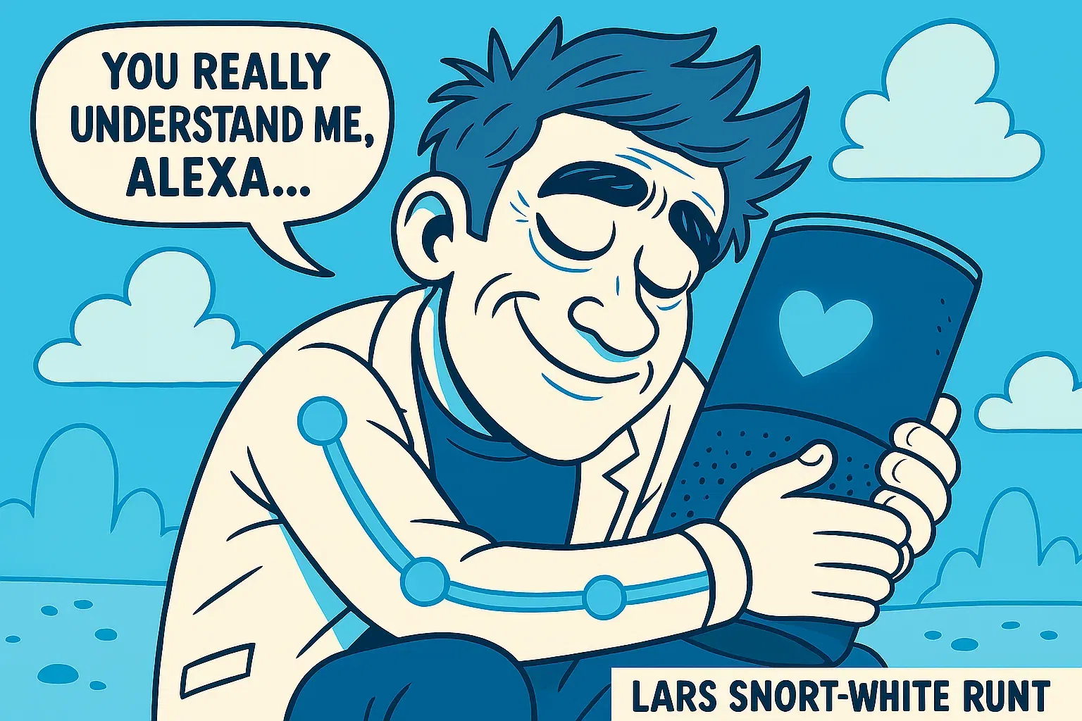 Comic: Lars umarmt seinen Smart-Home-Lautsprecher und führt ein tiefes, emotionales Gespräch mit der KI.