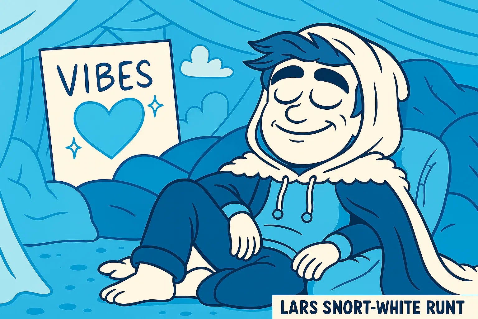 Comic: Lars' Whiteboard zeigt statt KPIs das Wort 'VIBES' und er meditiert entspannt in einem Kissen-Fort.