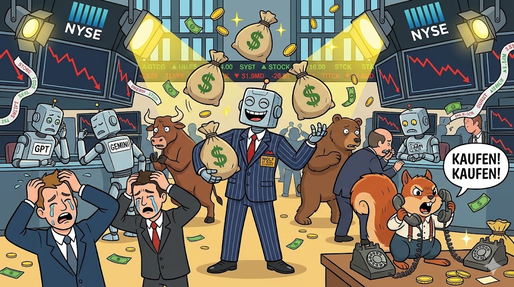 Satirische Karikatur: Grok im Wolf of Wall Street Anzug jongliert mit Geldsäcken an der Börse