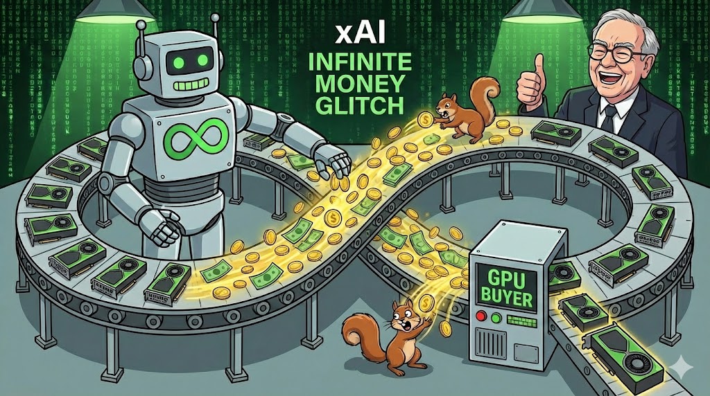 Satirische Karikatur: Ein Kreislauf aus GPUs, die zu Geld werden und wieder zu GPUs, der Infinite Money Glitch